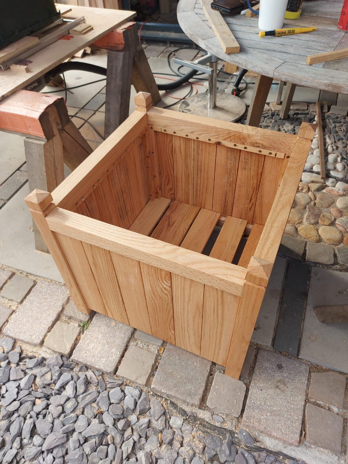 Close view of the timber and joinery on a handmade oak planter