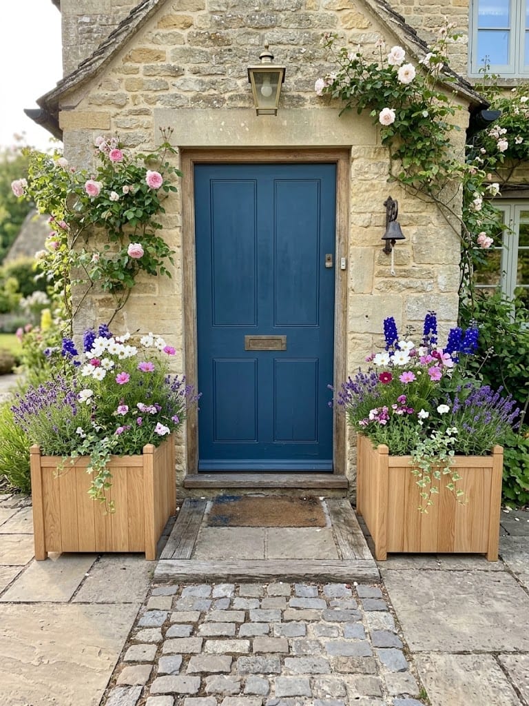 Pair of handcrafted timber planters filled with flowers either side of a cottage front door