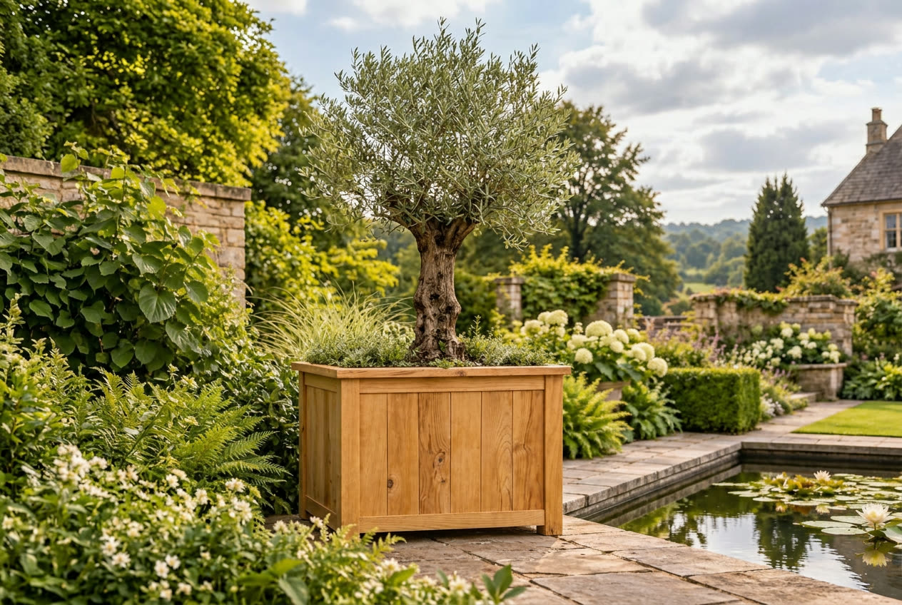 Square oak planter holding an olive tree on a stone patio beside a garden pond