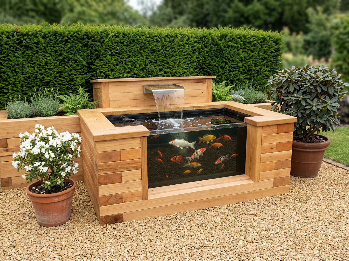 A raised timber sleeper pond planted with marginals in an established Cheshire garden